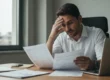 Empresario preocupado revisando facturas y documentos fiscales en su oficina