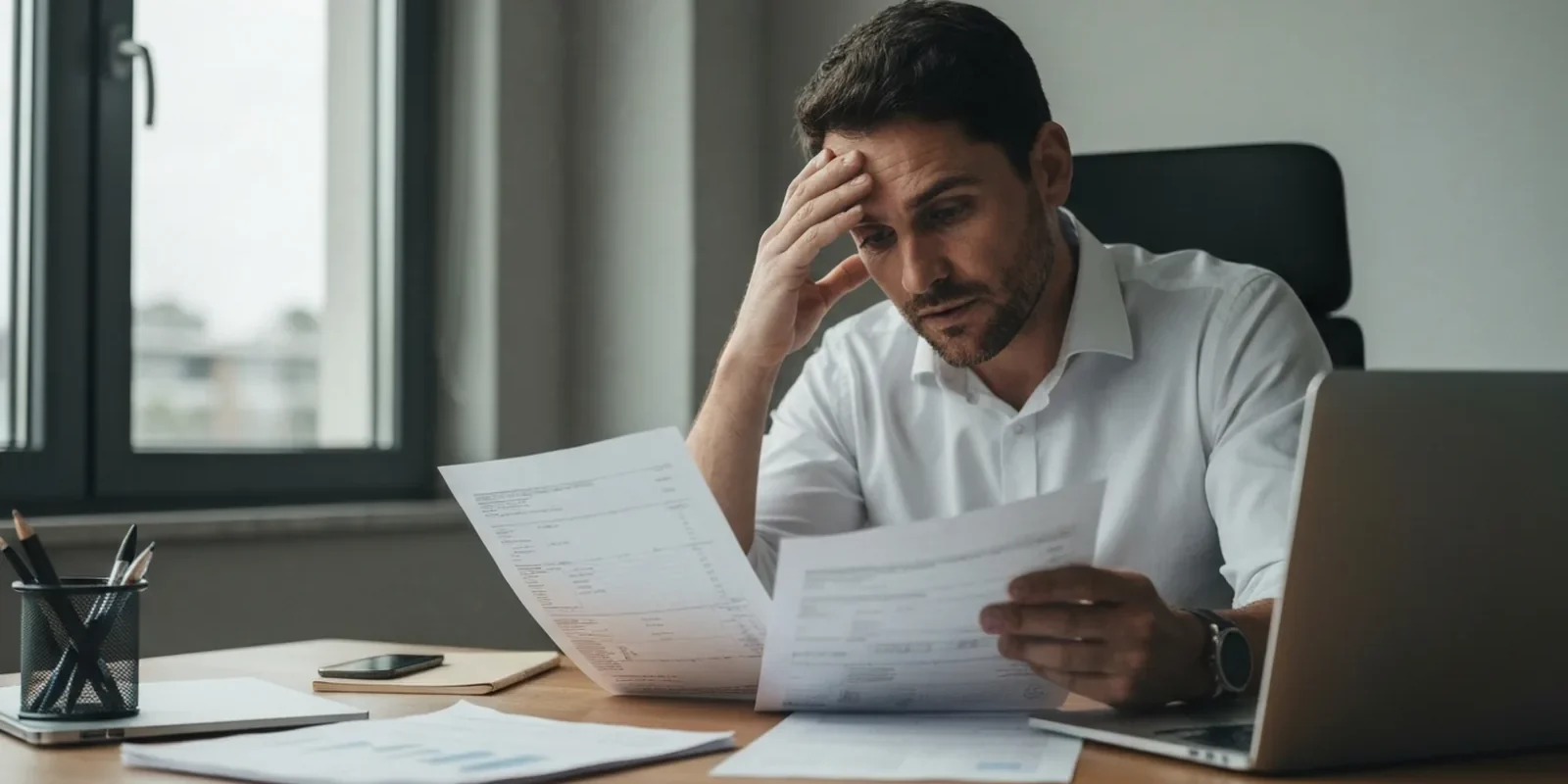 Empresario preocupado revisando facturas y documentos fiscales en su oficina