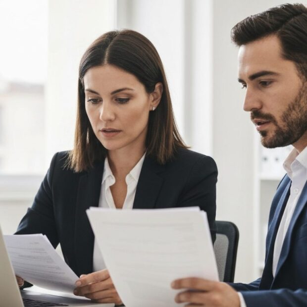 Asesor fiscal en Jaén explicando documentos a un cliente en su oficina.