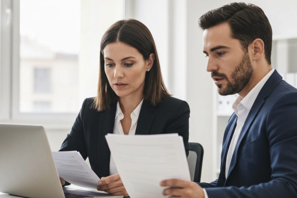 Asesor fiscal en Jaén explicando documentos a un cliente en su oficina.
