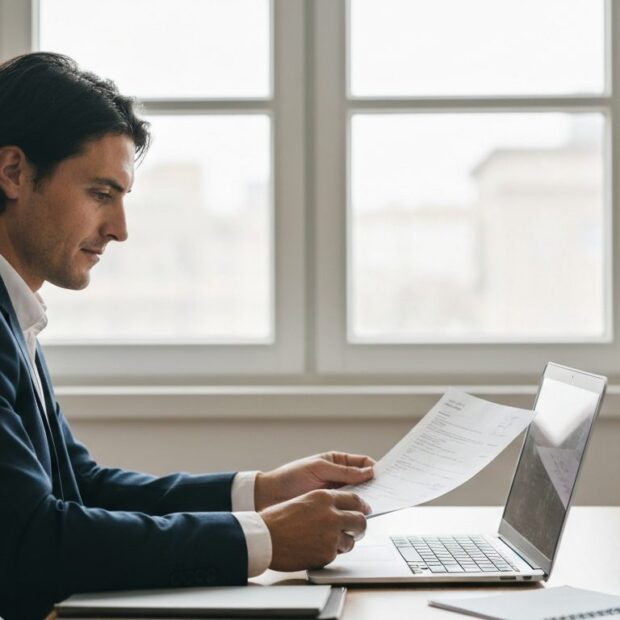 Autónomo revisando facturas y documentos en su oficina con un portátil