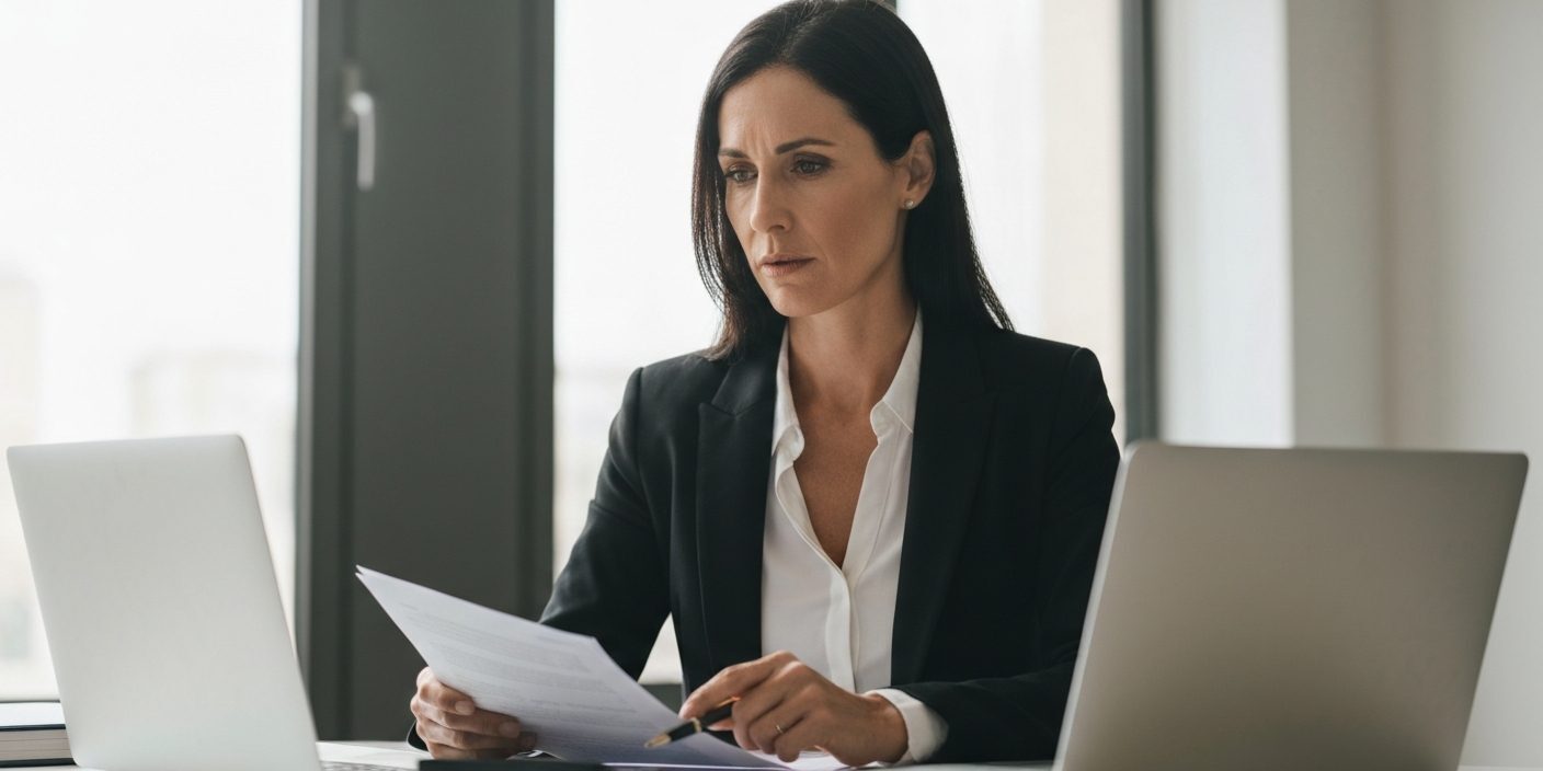 Mujer profesional revisando documentos fiscales en un ordenador portátil en una oficina.