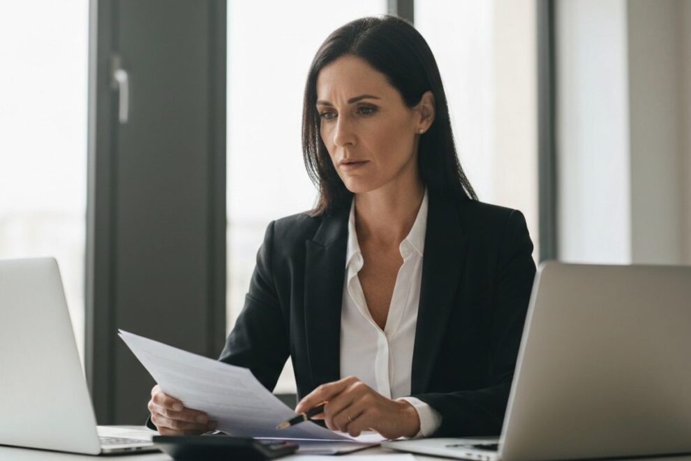 Mujer profesional revisando documentos fiscales en un ordenador portátil en una oficina.